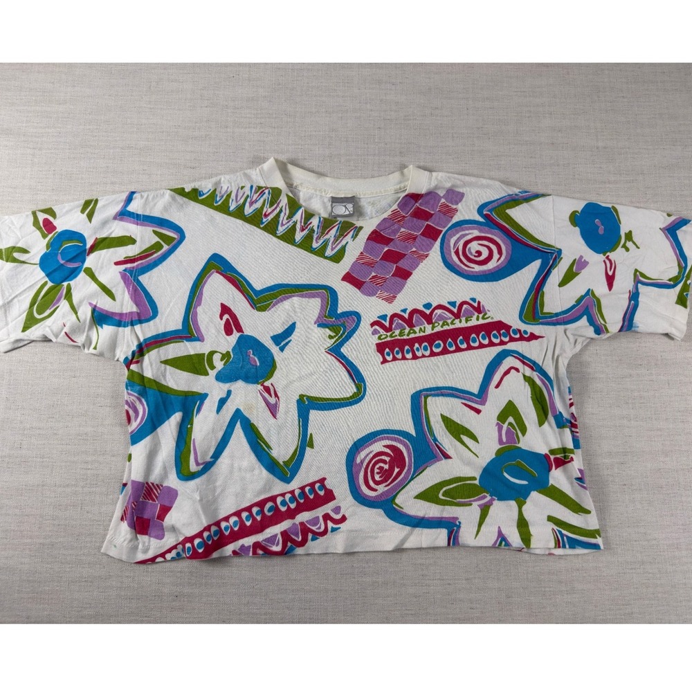 Vintage Ocean Pacific OP Abstract Floral Graphic T-Shirt Boxy Fit White Large